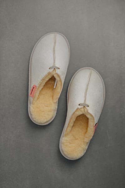 Birds Eye View of Alys Eco Sheepskin Slippers on Concrete Surface