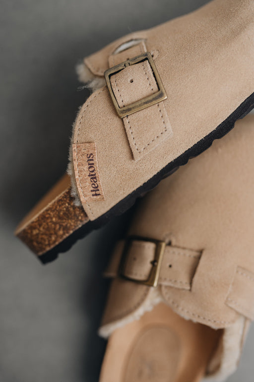 close up on heatons branding and metal buckle as well as the cork soul