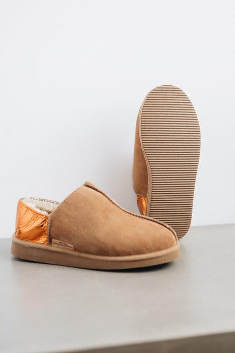 Westmorland Sheepskin Slipper for ladies in tan with metallic orange back 