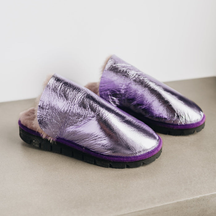 Womens Shiny Purple Slippers made of sheepskin