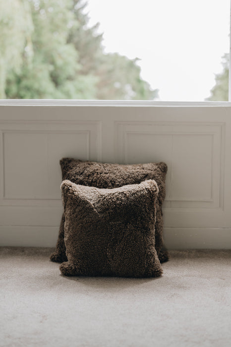 Two wheat brown sheepskin cushions on a light-coloured floor with a blurred window and greenery in the background.