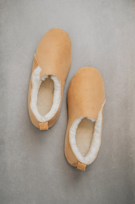 Bird's eye view of Grace - a light soft-soled sheepskin slipper, that is handcrafted in Europe from the highest grade of premium Spanish merino sheepskin.