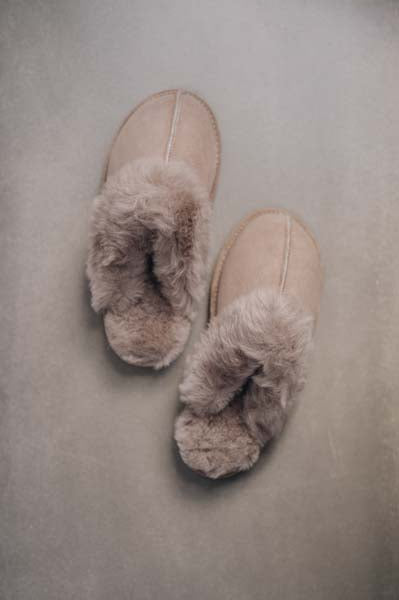 Birds Eye View of Gwen Stone Sheepskin Slippers on Concrete Surface