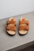 Front of sandals with dyed sheepskin to turn it a rust color