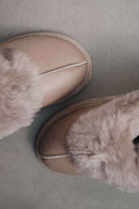 Close up View of Ruby Walnut Sheepskin Slippers on Concrete Surface