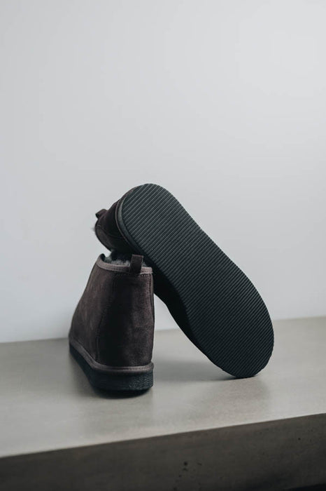 Dark brown sheepskin slippers with black soles on a light gray surface and white background