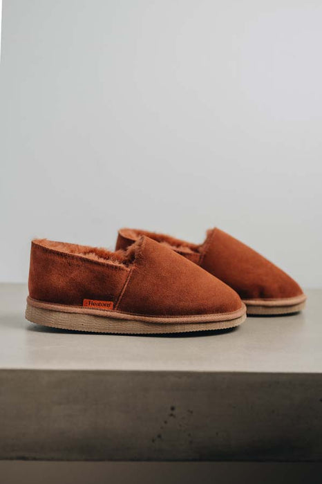 Rust coloured loafer style sheepskin slipper - Tilly profile view