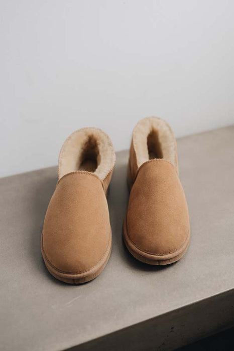 Tan coloured loafer style sheepskin slipper - Tilly front on view