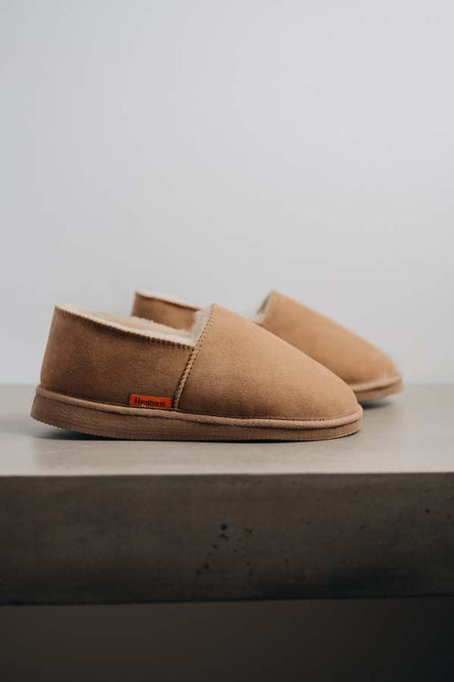 Tan coloured loafer style sheepskin slipper - Tilly profile view