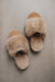 Birds eye view of Veronica Taupe Sheepskin Slippers on Concrete Surface
