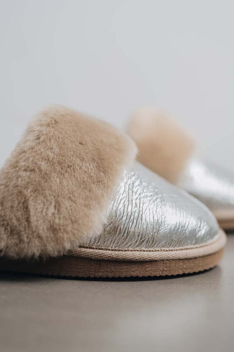 Close up view of Veronica Titanium Sheepskin Slippers on Concrete Surface