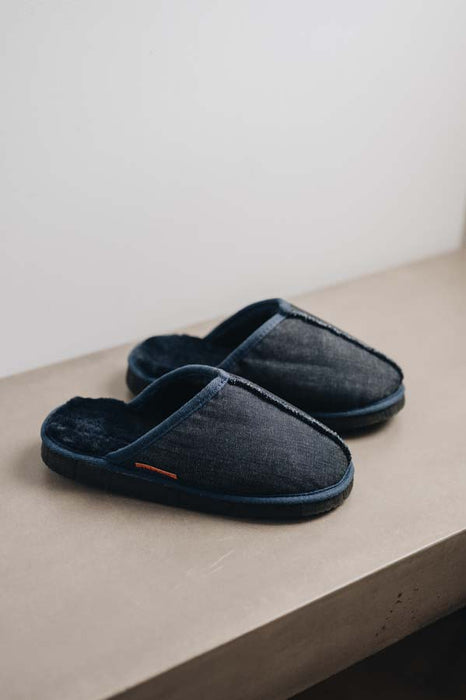 Nappa denim covered loafer style sheepskin slipper - Willow profile view