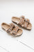 womens sheepskin and cork sandals with 2 buckles and a reflective zebra print