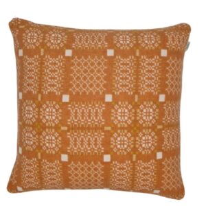 Melin Tregwynt woven wool square cushion with a orange and white woven Knot Garden pattern - Front