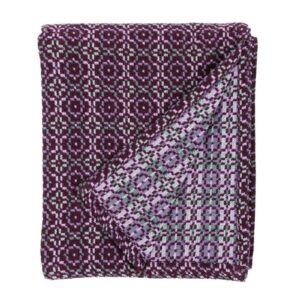 Melin Tregwynt woven wool throw or blanket in dark purple with lilac and grey Vintage Rose pattern repeat