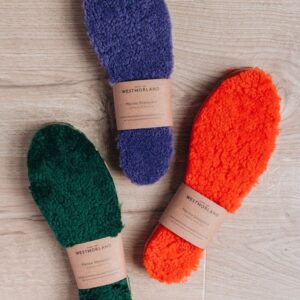 Lilac, Orange and Green AW22 colour Sheepskin Children's Cuttable Insoles. Cut to size. Wrapped in a cardboard informational sleave. All three insoles.