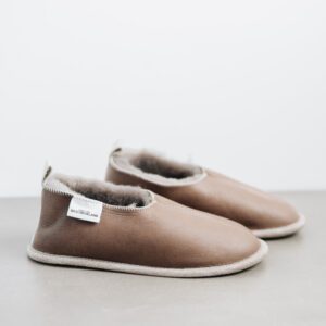 Women's Sheepskin Slippers Sophia in walnut brown. soft sole shearling 