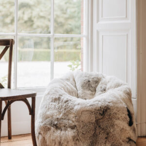 Beautiful natural melange bean bag chair in a room with large windows and wooden flooring.