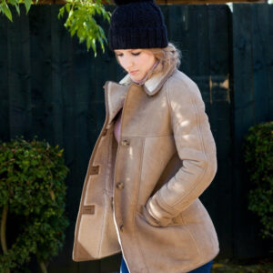 Westmorland Sheepkin Women's Soft Light Brown duffle Coat, with collar.