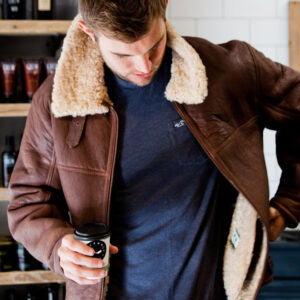 Men's Brown Sheepskin Aviator Jacket. Turn up Sheepskin collar.