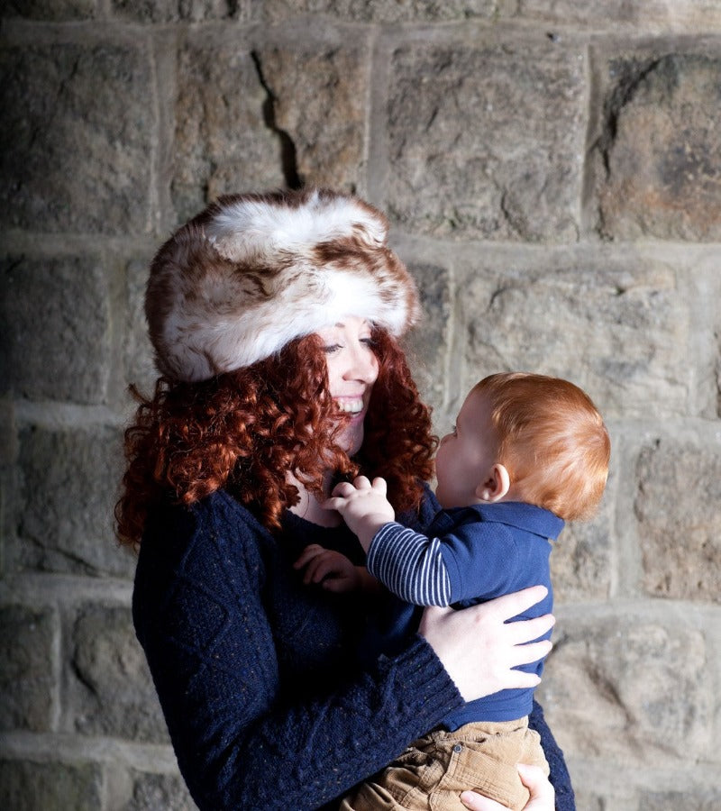 model White with a brown tip full Sheepskin Hat. 