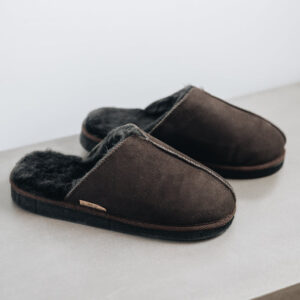 Top side view of the brown men's sheepskin mule slipper called Walter.