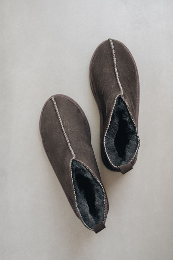 Top-down view of brown Henry sheepskin slippers for men arranged side by side