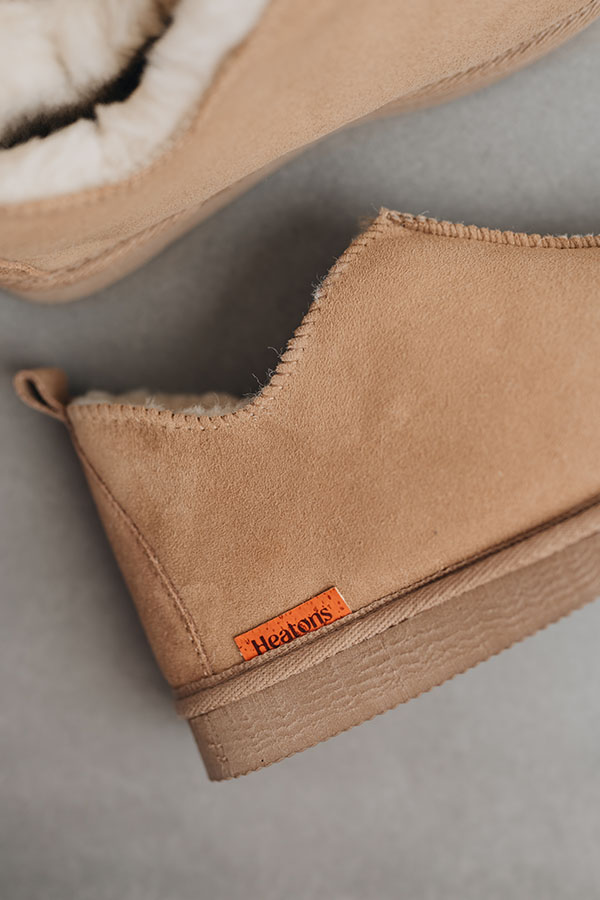 Heatons Badge in orange on Henry Sheepskin slipper for men