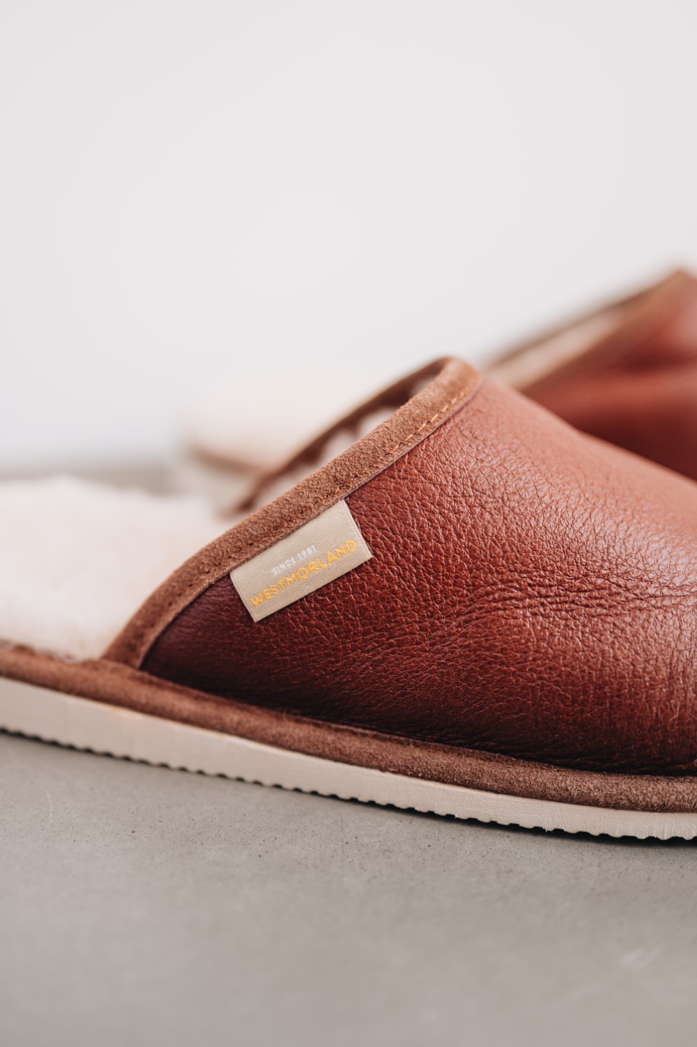 Side view of Idris Men’s Sheepskin Mule Slipper in rich brandy colour